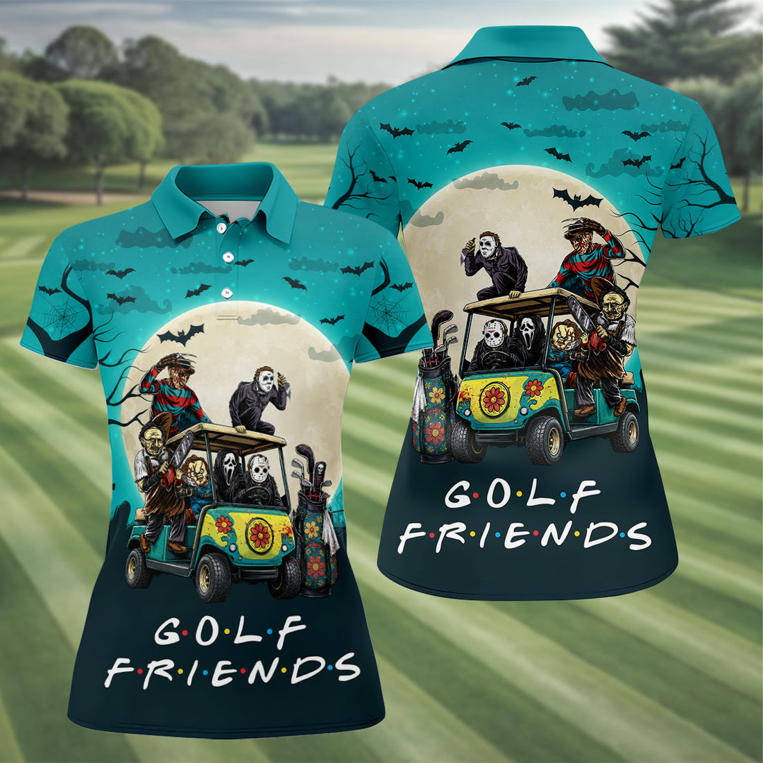 Horror Character Golf Cart Halloween Polo Shirt, Golf Shirts For Women, Halloween Shirt