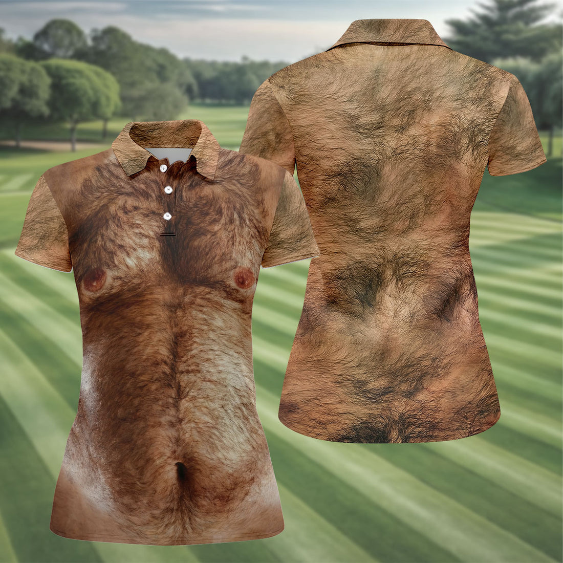 Realistic Hairy Chest and Back Body Hawaiian Golf Polo, Golf Tops For Women, Golfing Apparel