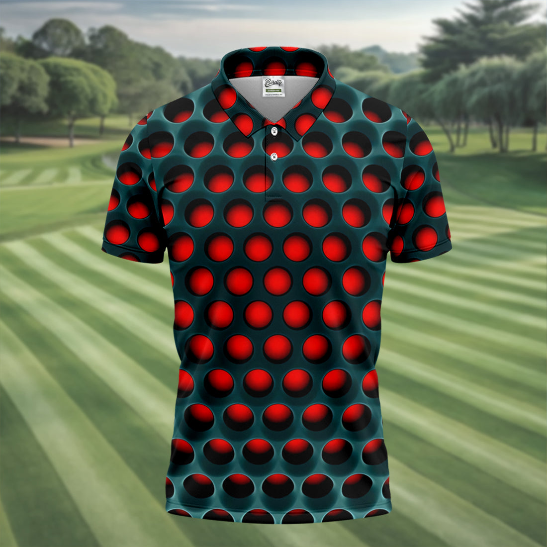 3D Effect Circular Pattern Red Golf Shirt, Cool Golf Outfit, Men's Funny Golf Shirts, Polo Shirts For Men