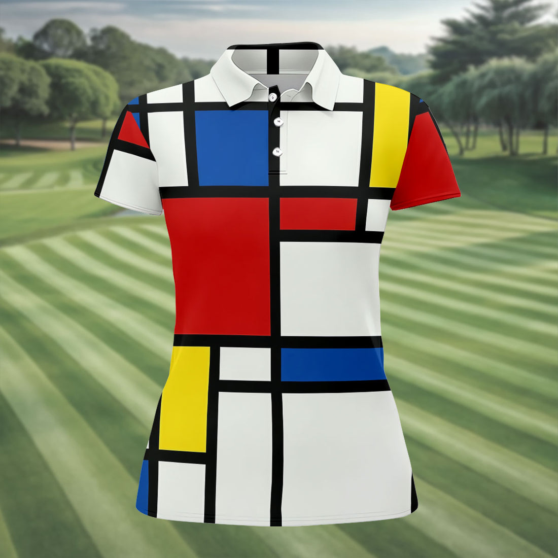 Red Yellow Blue Mondrian Style Vintage Hawaiian Golf Shirt, Women's Golf Tops, Ladies Golf Shirts