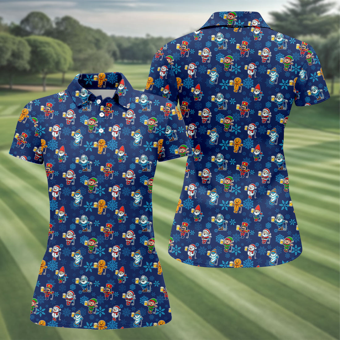 Christmas Characters Golf And Beer Navy Women's Funny Golf Shirts, Christmas Golf Shirt, Polo Shirts For Women