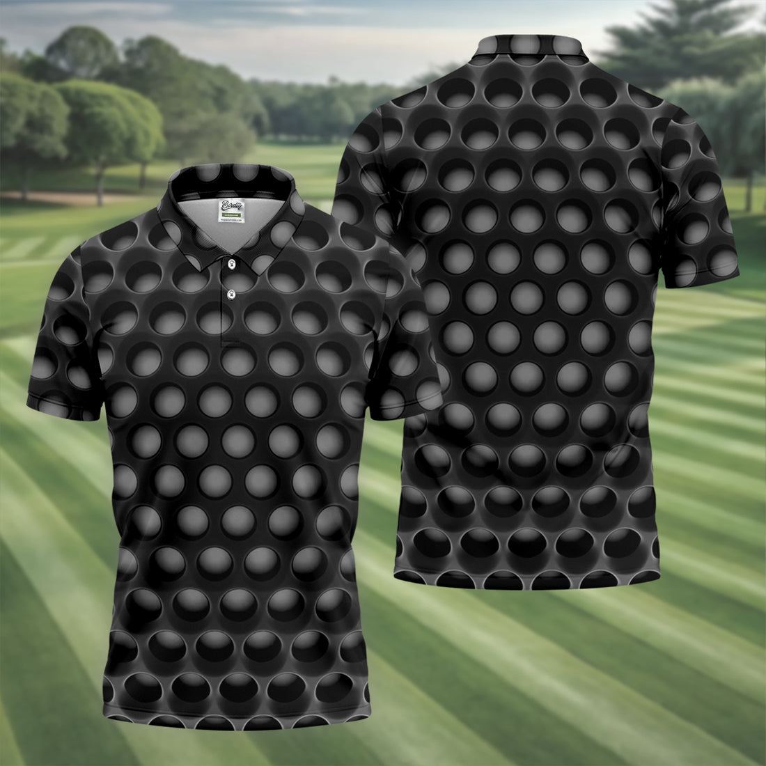 3D Effect Circular Pattern Black Golf Shirt, Cool Golf Outfit, Men's Funny Golf Shirts, Polo Shirts For Men