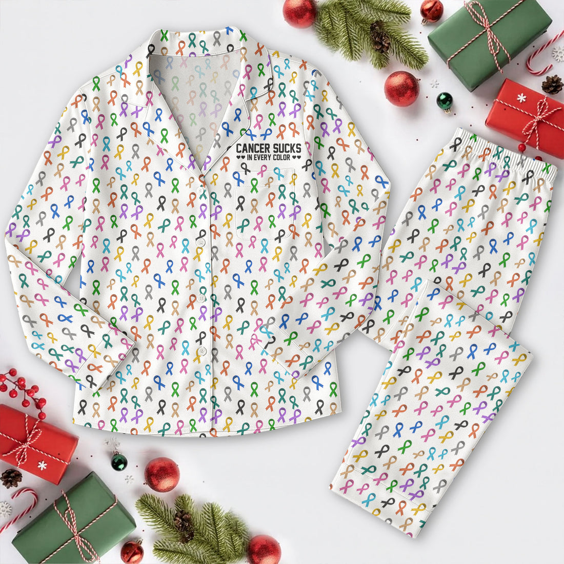 Cancer Sucks In Every Color Pajama Set Long Sleeve, White Pajama Set, Cancer Awareness White Satin Pajama Set