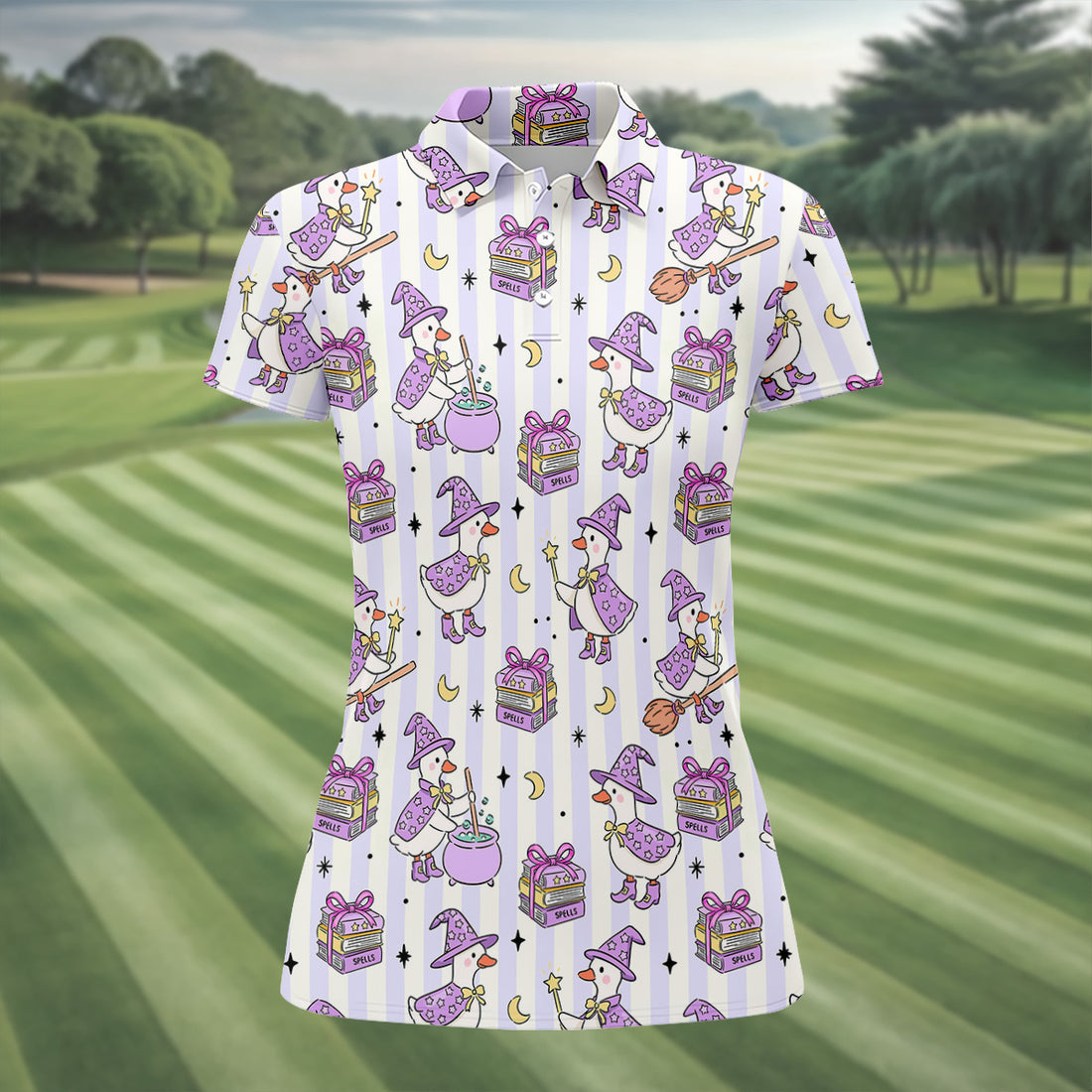 Halloween Witch Goose Purple Pastel Fun Women's Golf Shirts, Cute Golf Outfit, Ladies Golf Polos