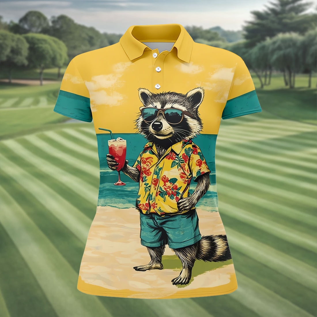 Cool Raccoon Tropical Yellow Hawaiian Golf Polo, Golf Tops For Women, Golfing Apparel