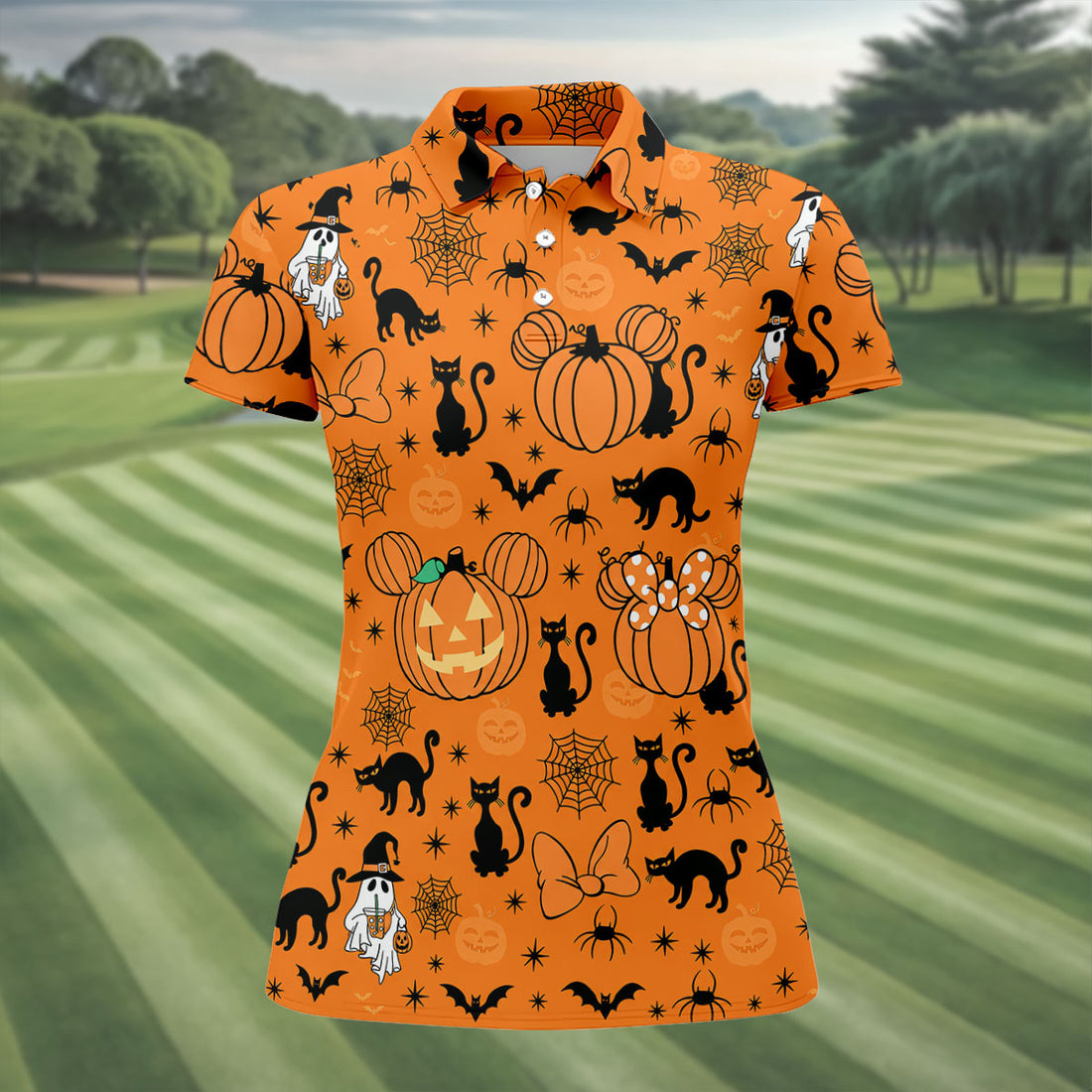 Black Cat and Pumpkin Halloween Polo Shirt, Golf Polo Apparel, Womens Golf Outfit