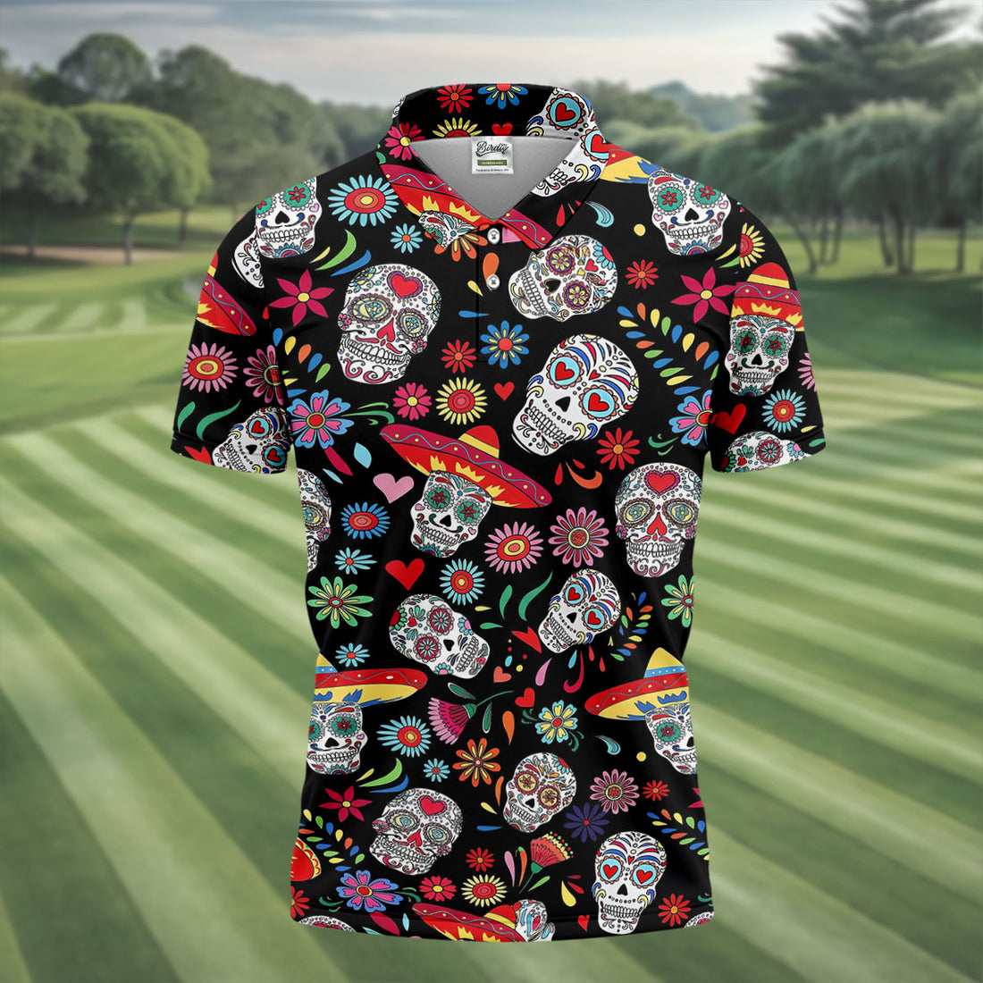 Day Of The Dead FLoral Sugar Skull Cinco De Mayo Celebration Fiesta Themed Golf Shirts For Men
