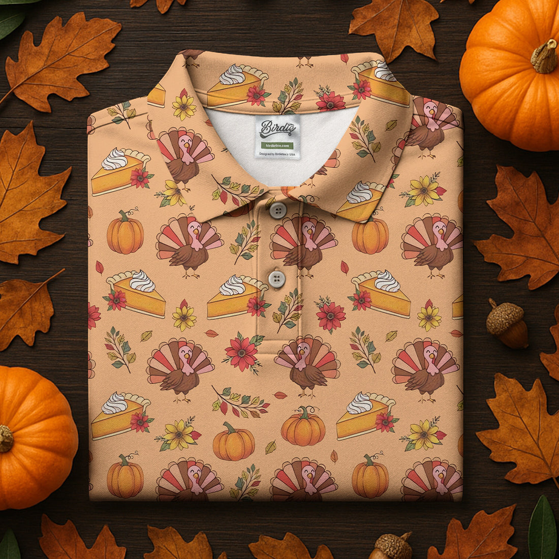 Cute Thanksgiving Turkey Pumpkin Pie Women's Golf Tops, Orange Golf Shirt, Thanksgiving Golf Gift For Ladies