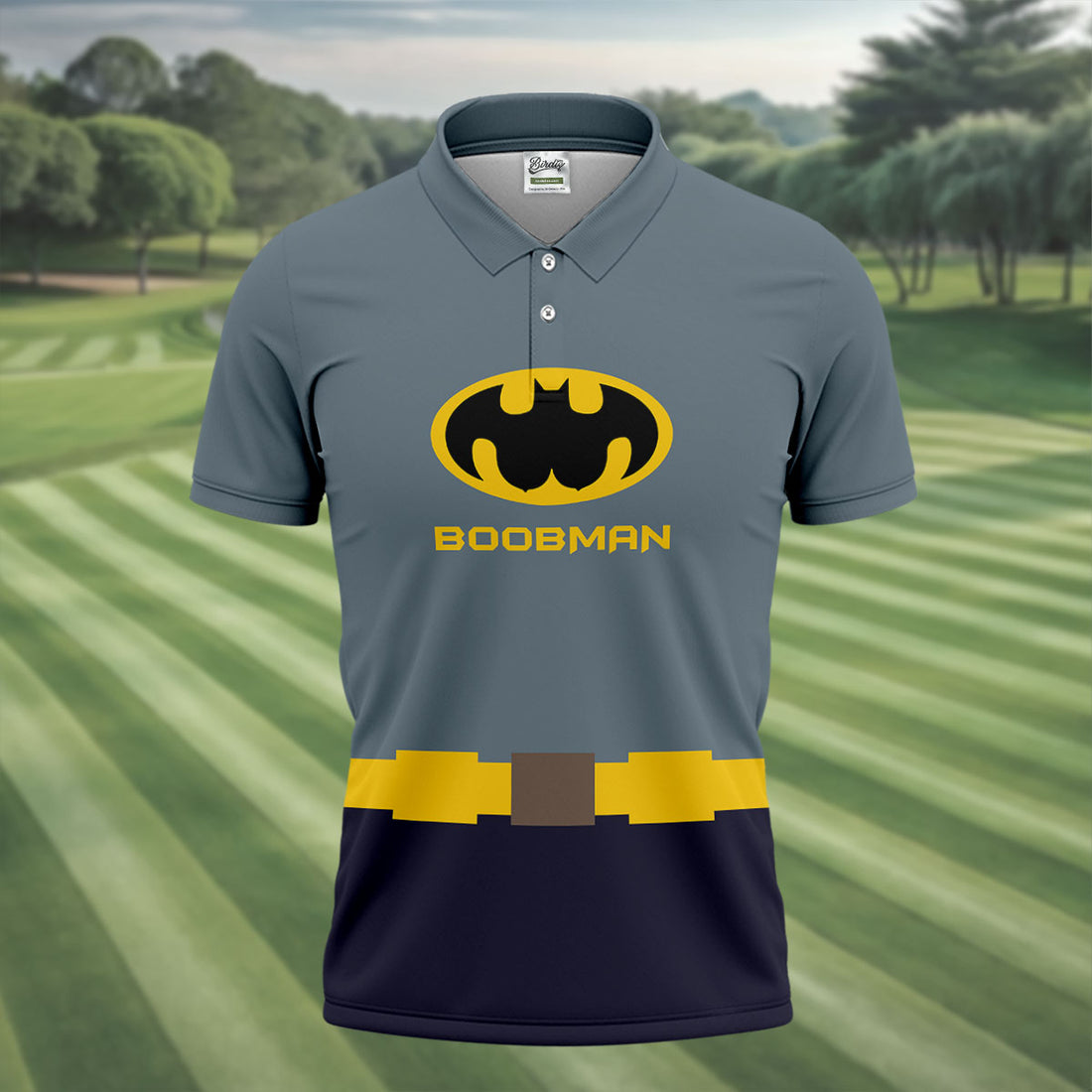 Boobman Comic Hero Logo Belt Golf Polo Shirt, Men's Polo Shirt, Funny Golf Apparel, Performance Golf Shirt