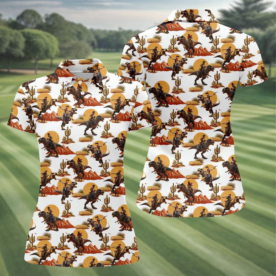 Cowboys Riding T-Rex Dinosaurs Hawaiian Golf Polo, Golf Tops For Women, Golfing Apparel