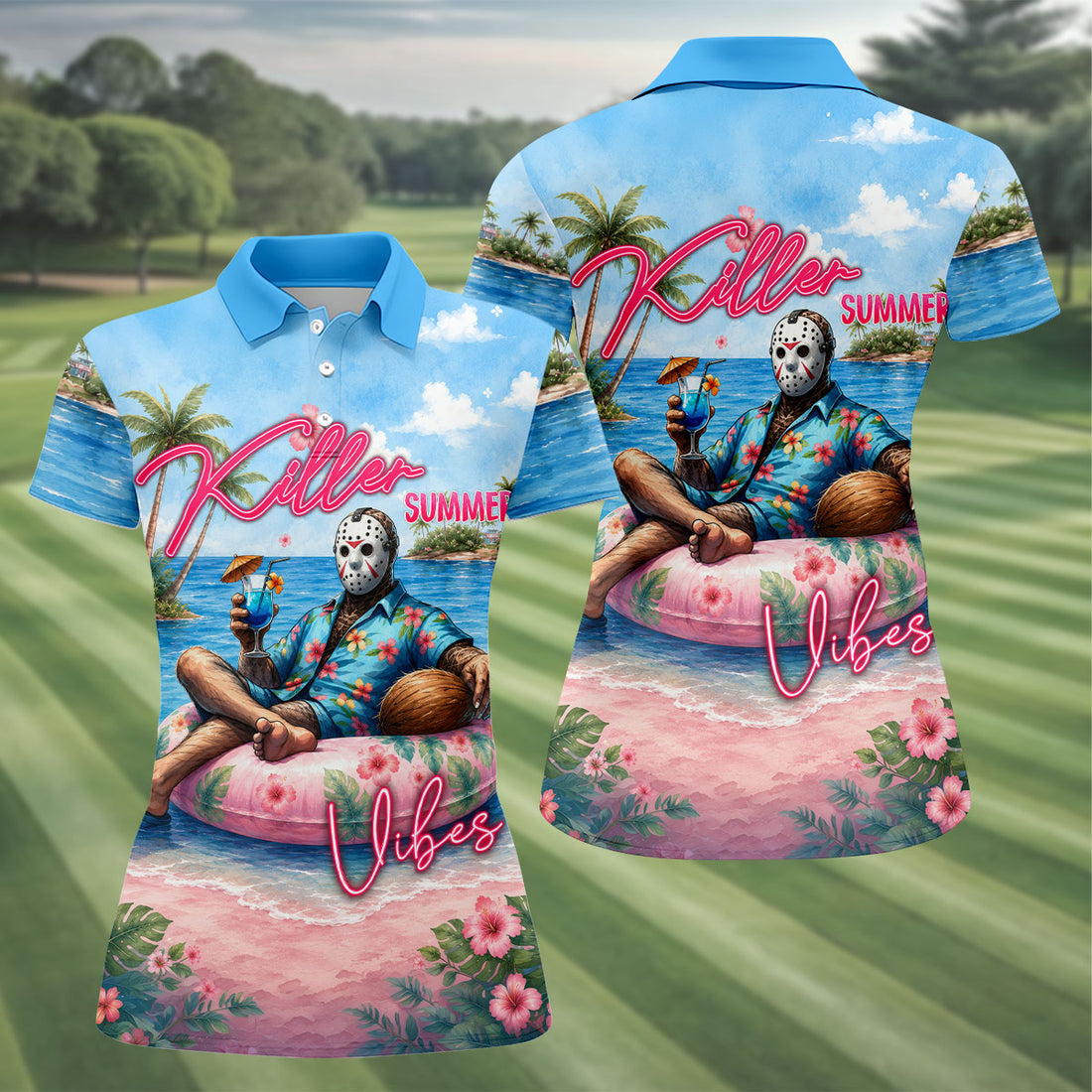 Killer Summer Vibes Hockey Mask Slasher Golf Polo Shirt, Women's Golf Polo, Ladies Golf Tops