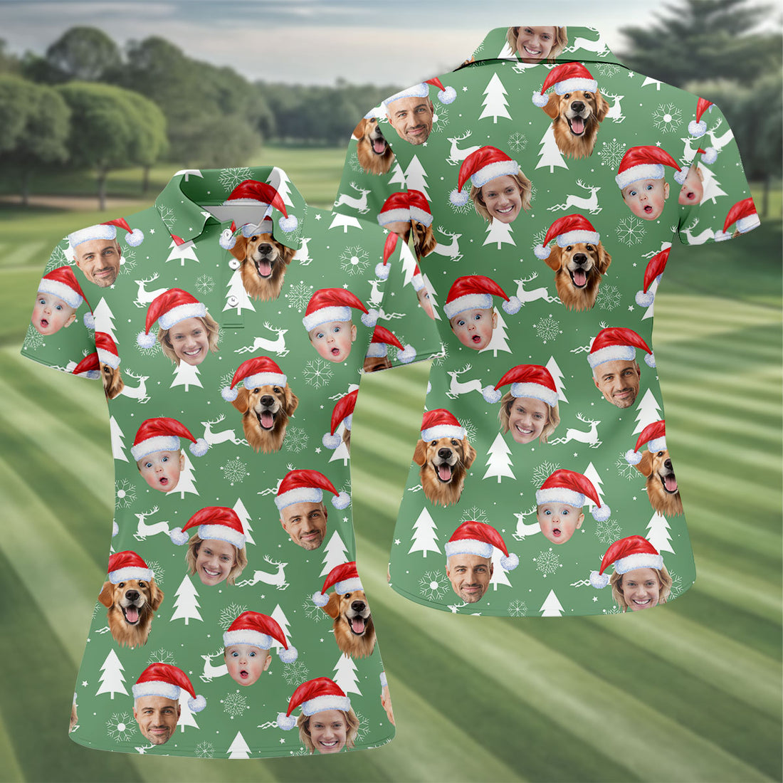 Custom Face Snow Reindeer Sage Green Golf Shirt, Christmas Golf Shirt, Ladies Golf Shirts, Golf Gifts For Women