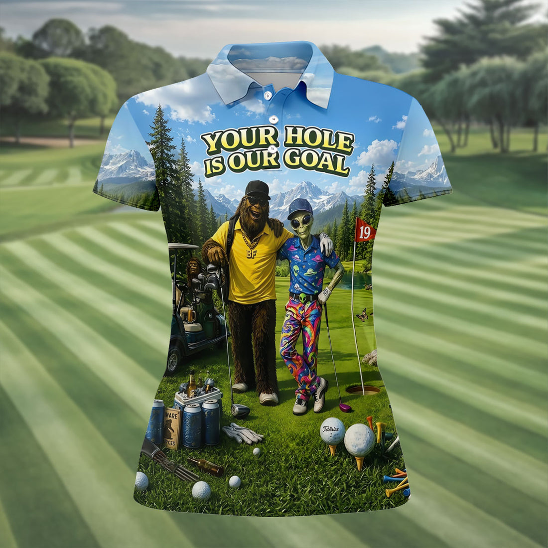 Your Hole Is Our Goal Funny Bigfoot Alien Golf Polo Shirt, Ladies Golf Top, Golf Shirt