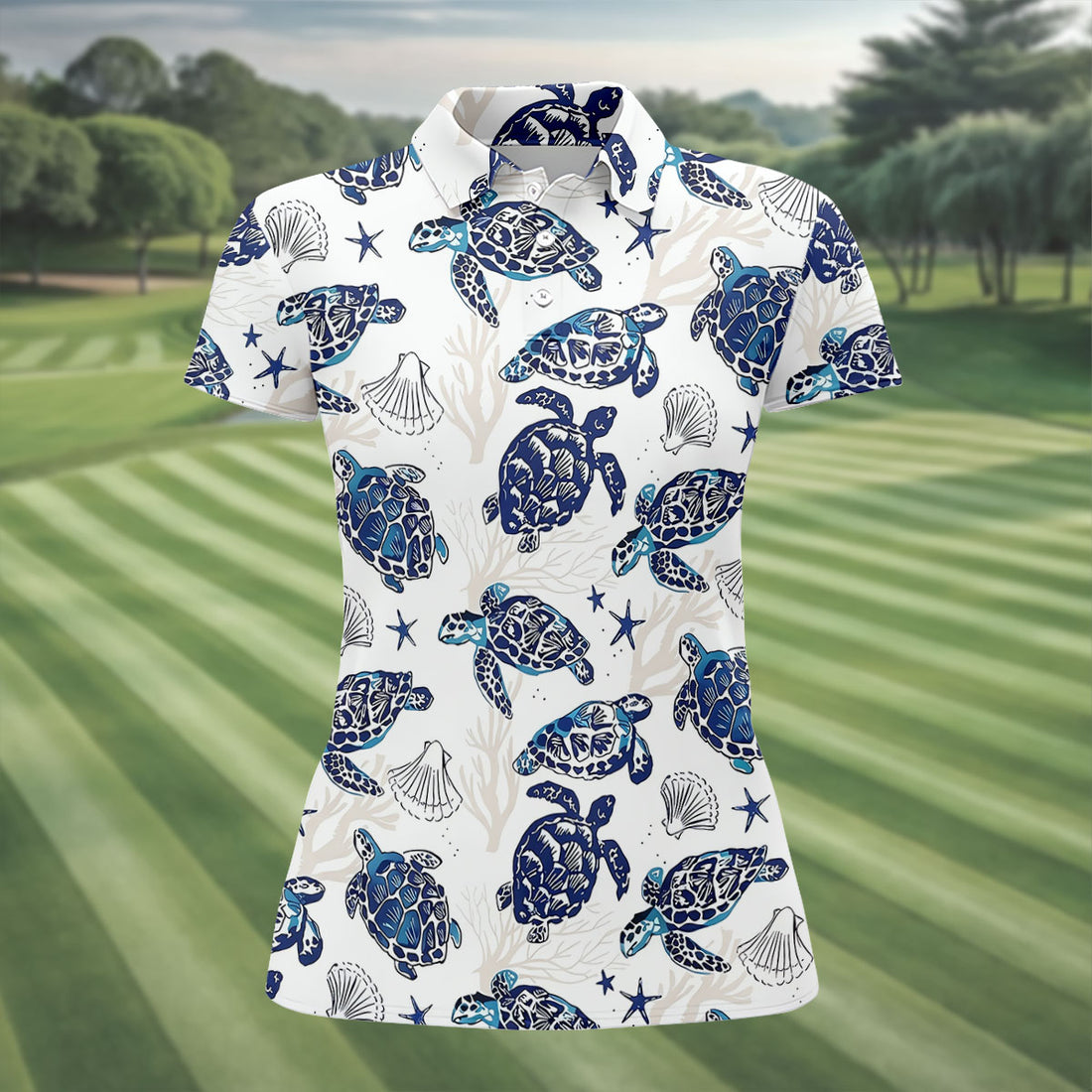 Sea Turtle, Starfish, Seashells and Coral Reef Art Hawaiian Golf Polo, Golf Tops For Women, Golfing Apparel