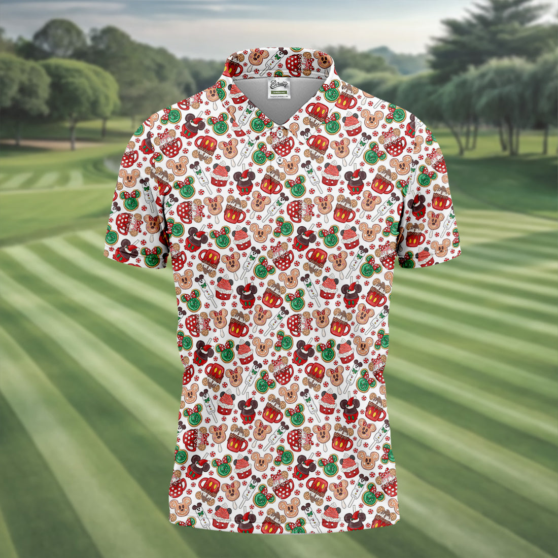 Cute Christmas Dessert Pattern Golf Tops For Men, Cartoon Character Polo Shirts For Men, Christmas Golf Shirt