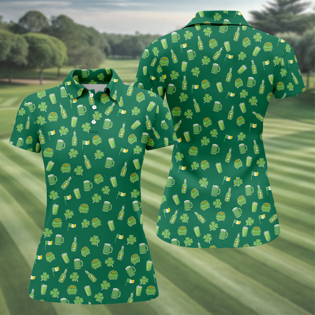 St Patrick's Day Beer Four Leaf Clovers Gold Pots Green Golf Shirt, Women's Golf Tops, Ladies Golf Polos