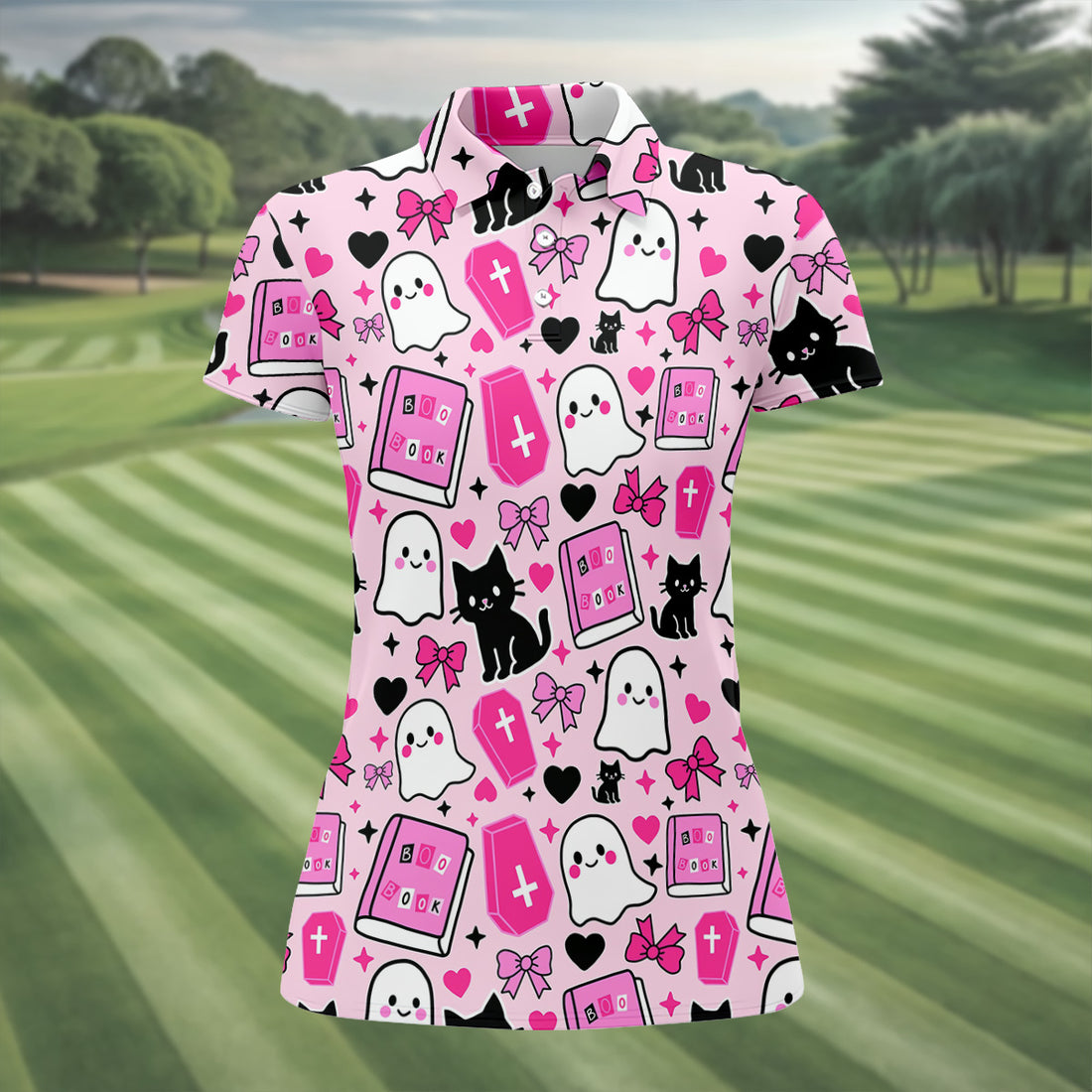 Halloween Boo And Cat Coquette Pink Women Golf Top, Cute Golf Outfit, Ladies Golf Shirts