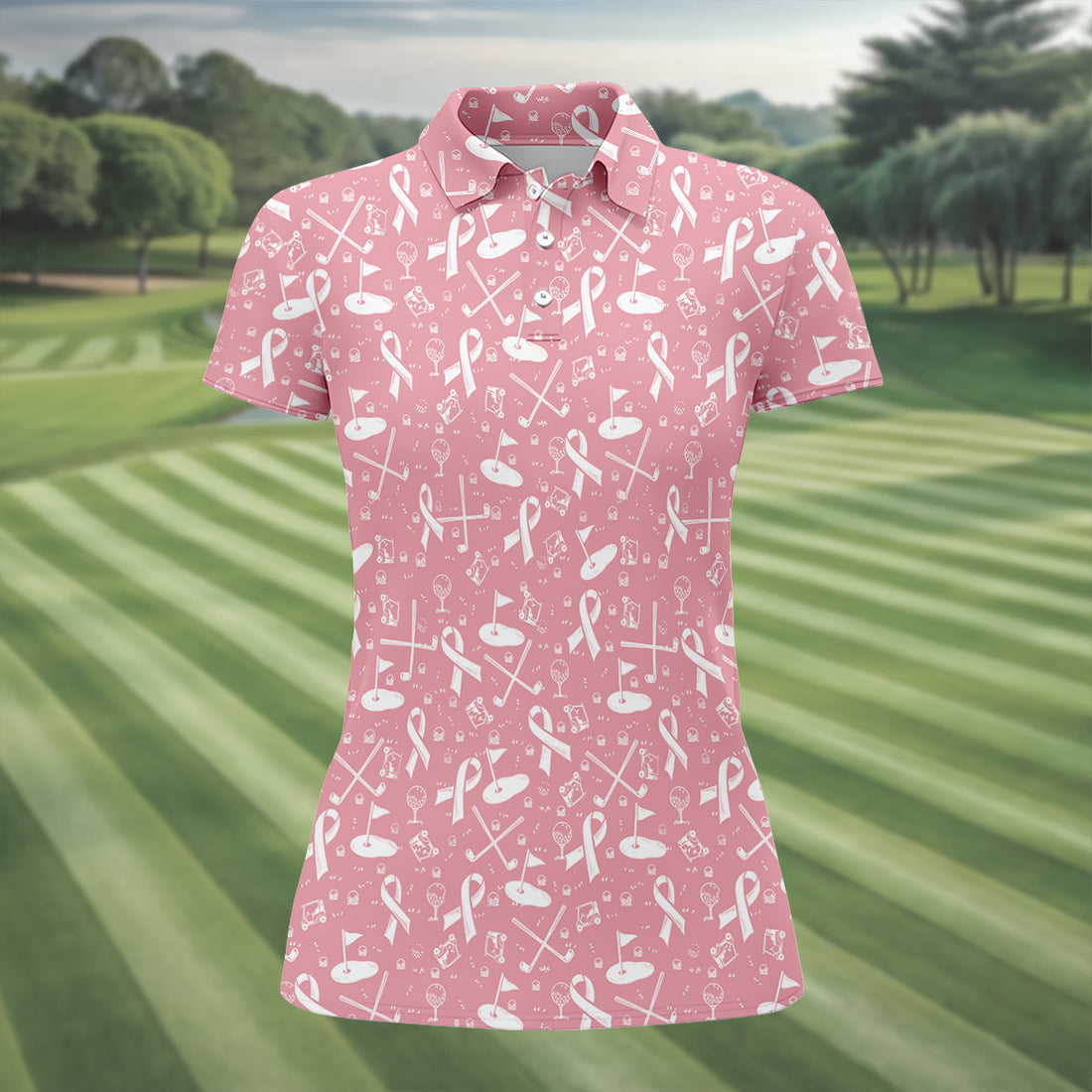 Awareness Ribbon Light Pink And White Golf Shirt, Cancer Awareness Shirt, Ladies Golf Shirts