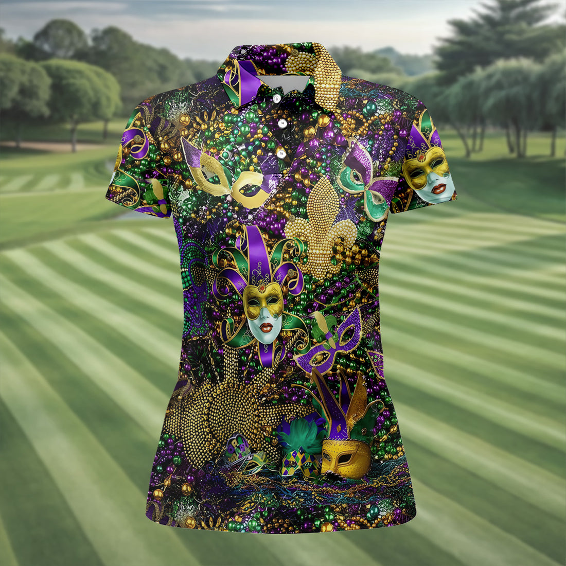 Holiday Mardi Gras Green Purple Gold Women's Golf Tops, Ladies Golf Polos, Golf Gift For Ladies