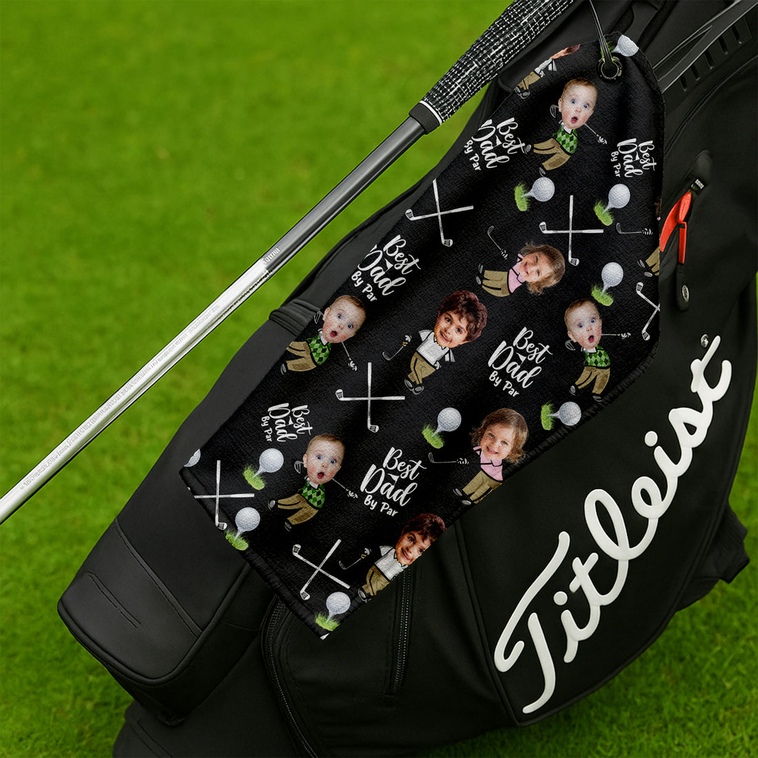 Custom Golf Towel With Kids Photo Best Dad By Par, Custom Photo Black Towel, Christmas Golf Gift