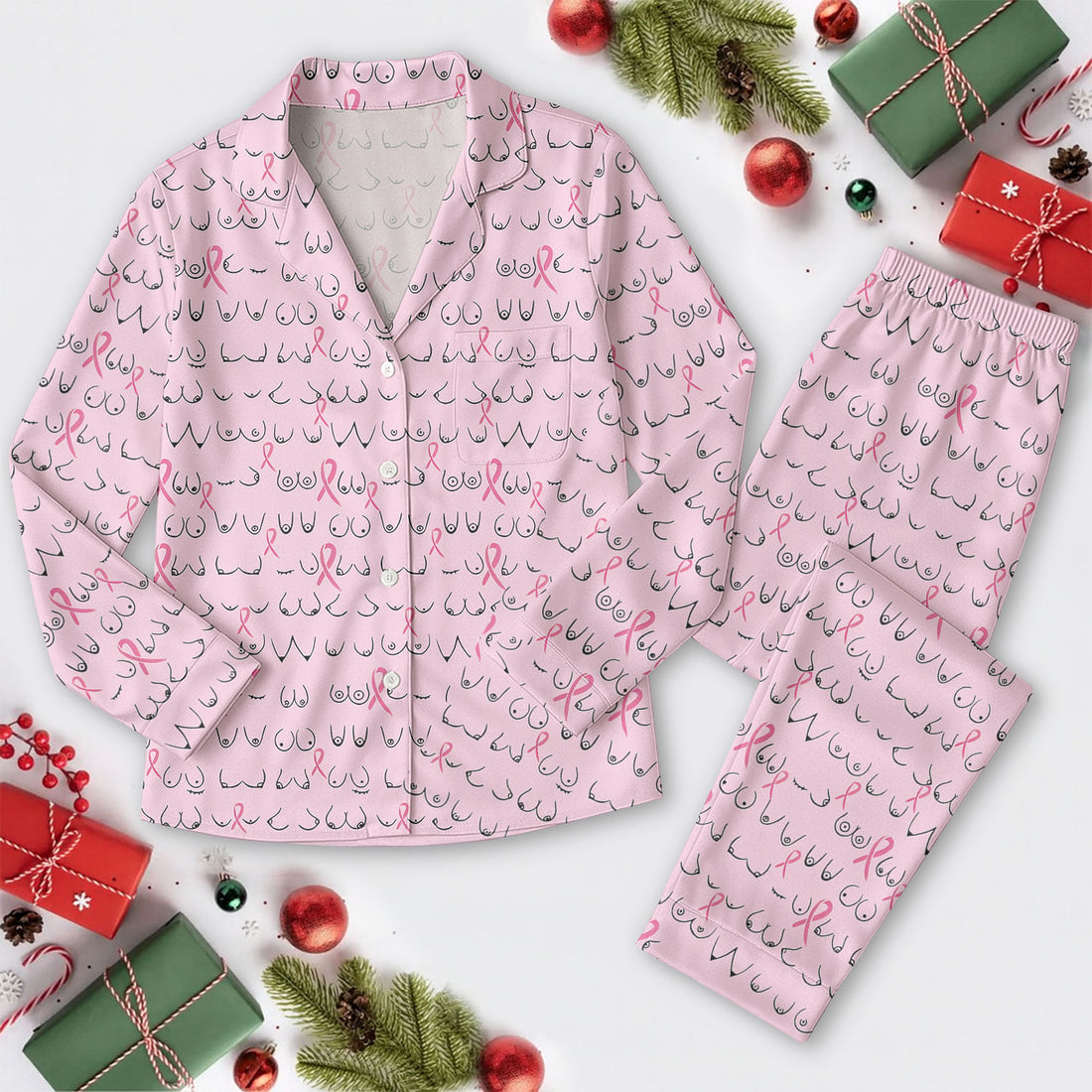 Funny Breast Cancer Pajama Set Long Sleeve, Pink Pajama Set, Breast Cancer Awareness Pajama