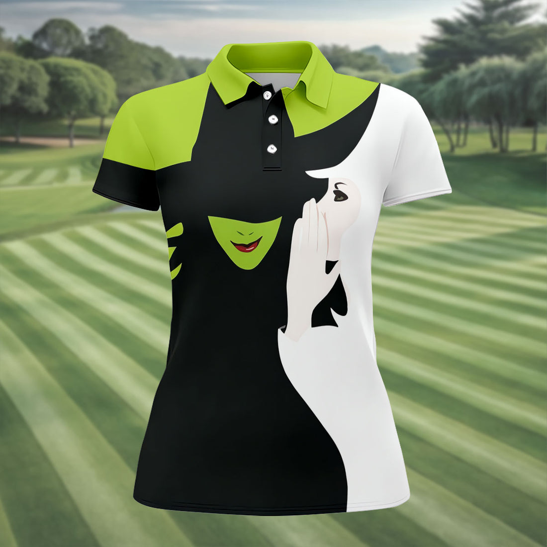 Green & White Witch Faces Halloween Golf Polo Shirt, Golf Tops For Women, Women's Golf Polo