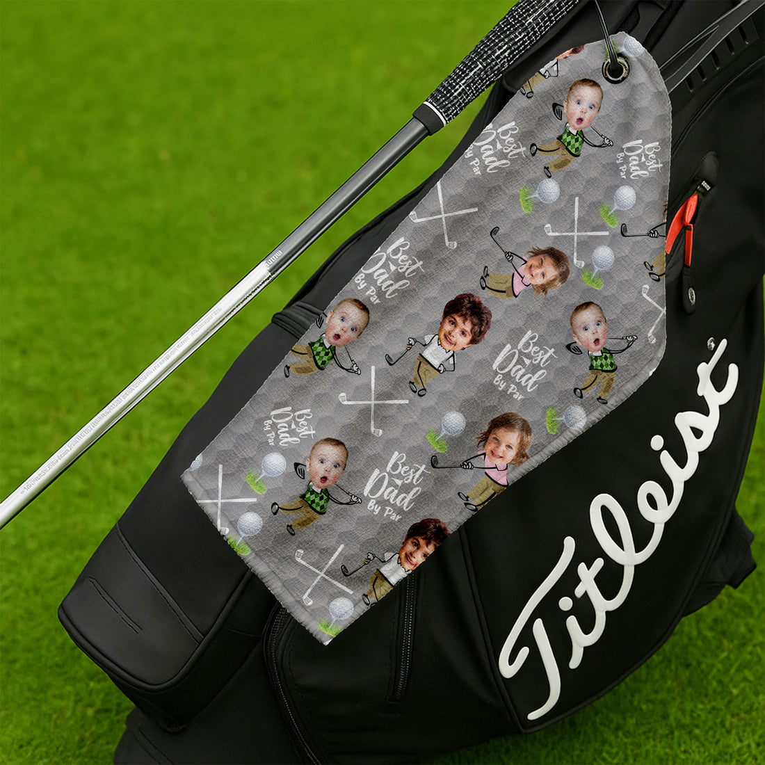 Custom Golf Towel With Kids Photo Best Dad By Par, Custom Photo Grey Towel, Christmas Golf Gift