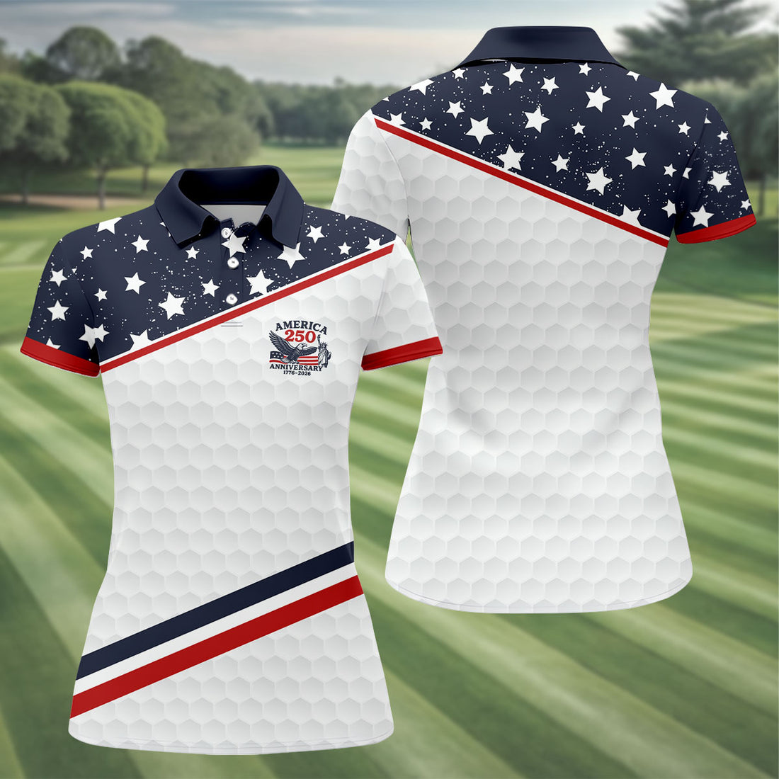 America 250 Anniversary Golf Ball Pattern Retro Golf Shirt, Patriotic 4th Of July Golf Shirt For Women