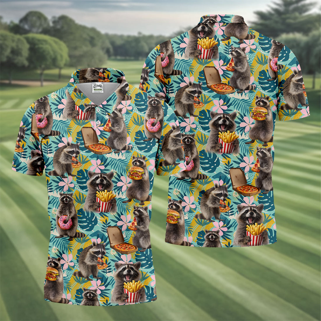 Funny Raccoons Enjoying Burgers, French Fries Design Hawaiian Golf Polo, Golf Tops For Men, Golfing Apparel (Copy)