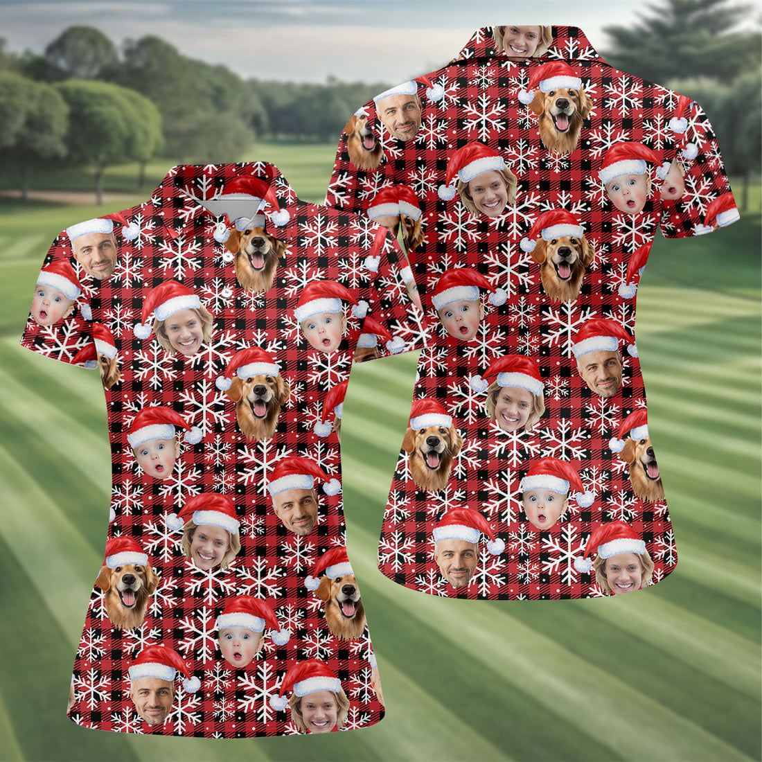 Custom Face Red And Black Checkered, Christmas Golf Shirt, Women's Golf Tops, Golf Gift For Ladies