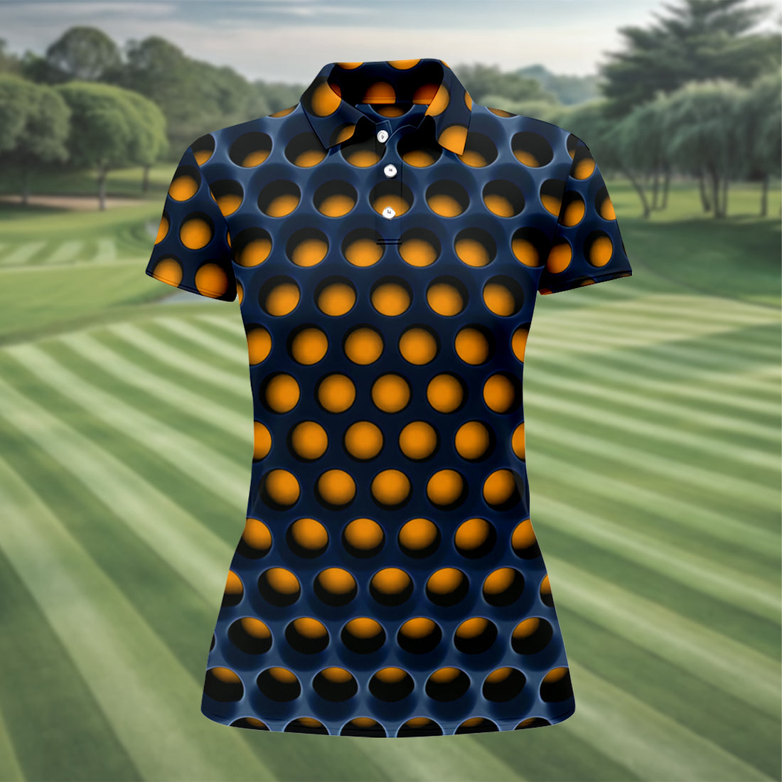 3D Effect Circular Pattern Orange Golf Shirt, Cool Golf Outfit, Women Golf Top, Ladies Golf Shirts