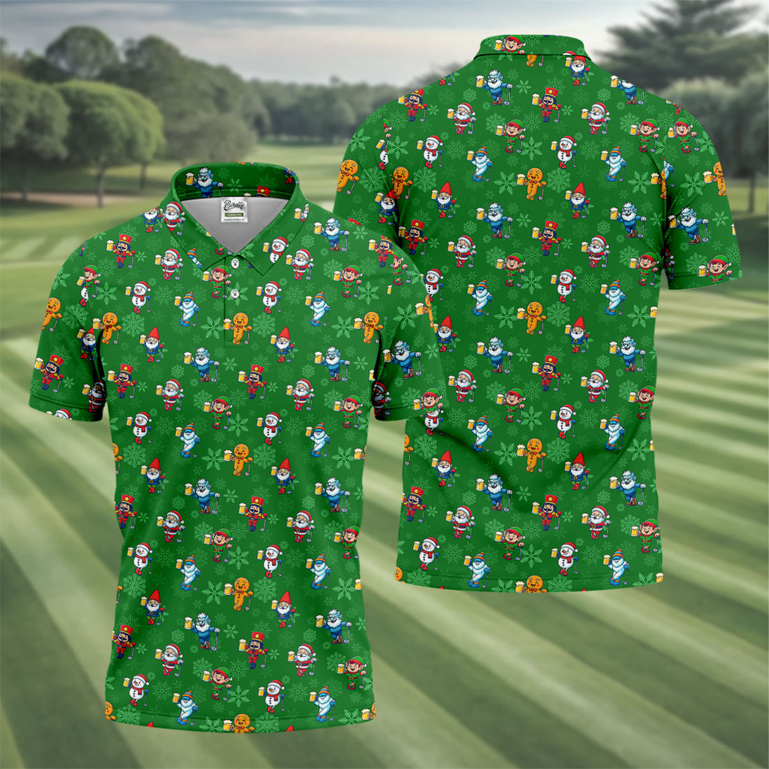 Christmas Characters Golf And Beer Green Men's Funny Golf Shirts, Christmas Golf Shirt, Polo Shirts For Men