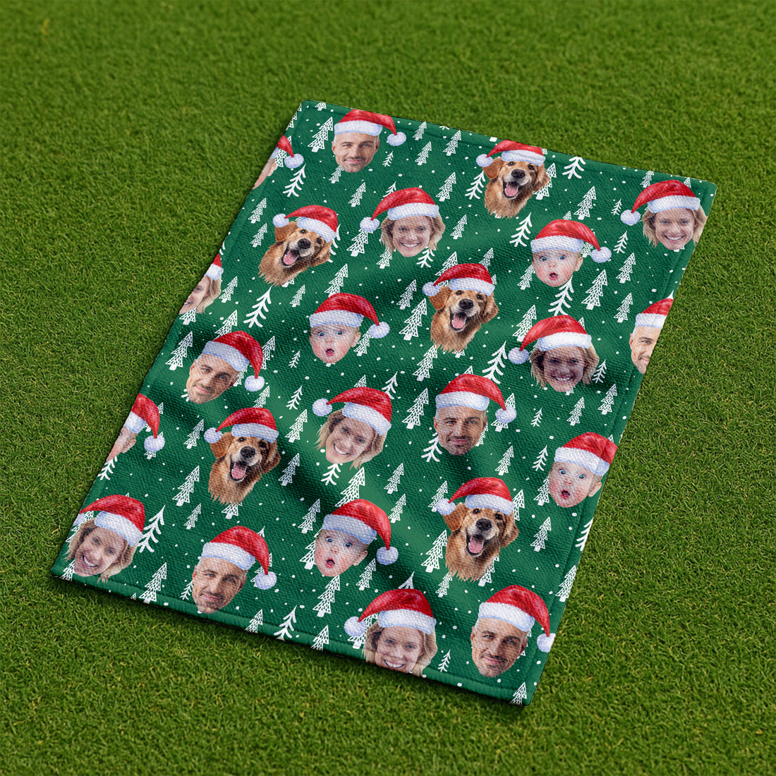 Custom Face Snow Pine Tree Green Golf Towel, Christmas Golf Gift, Golf Gift Idea