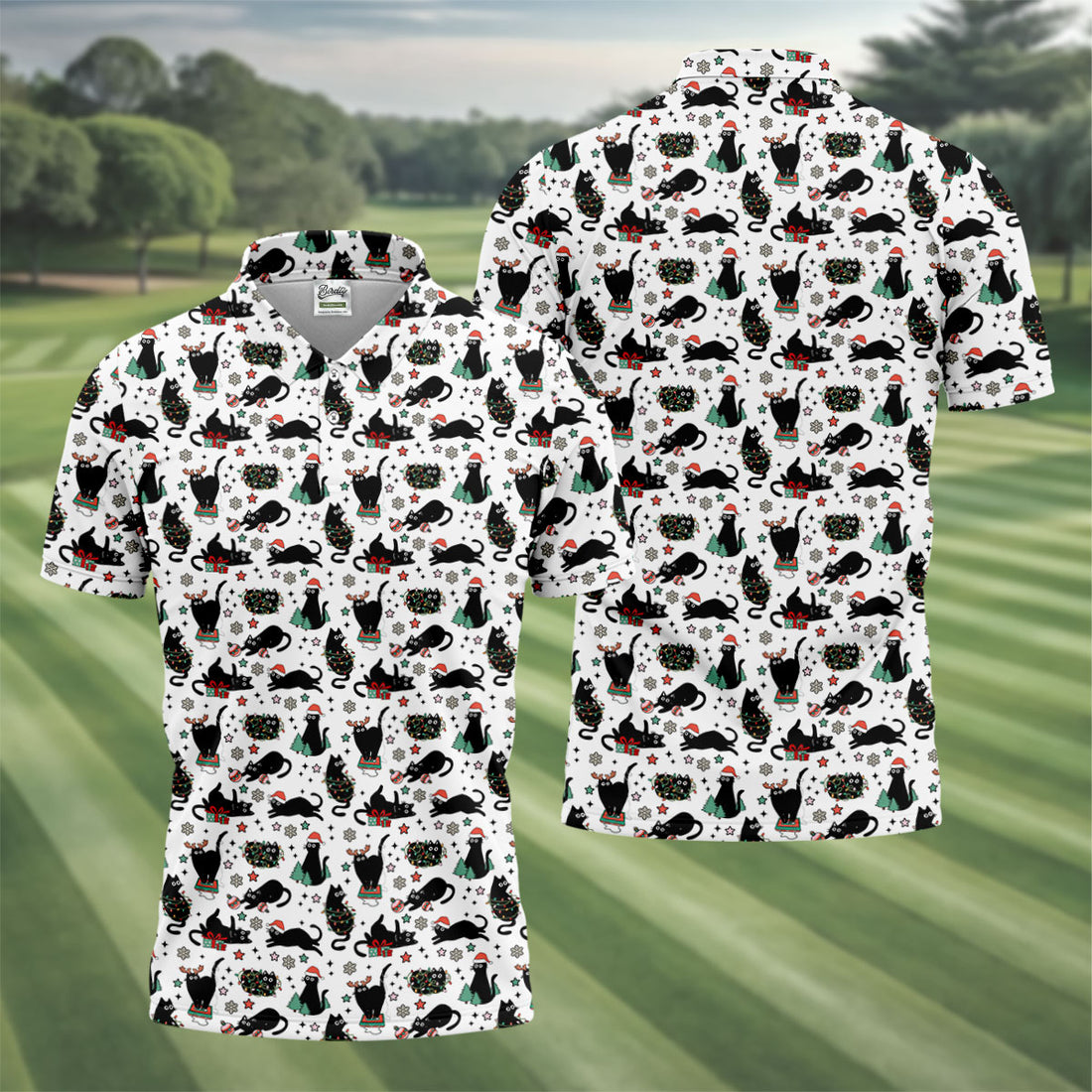 Xmas Black Cat Polo Shirts For Men, Christmas Golf Shirt, Golf Gift For Men, Christmas Golf Shirt