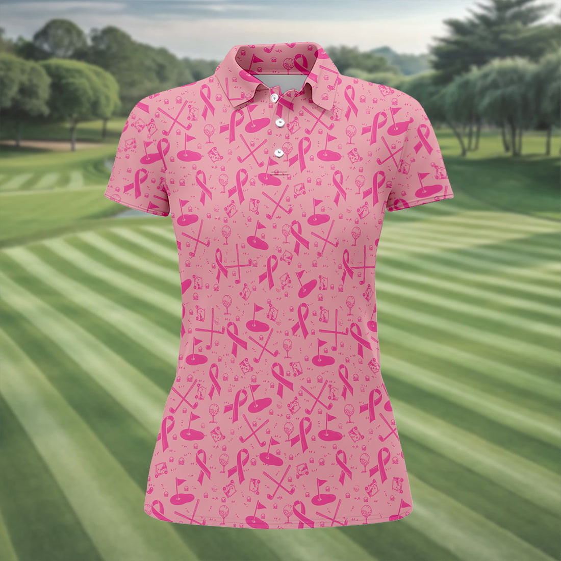 Awareness Ribbon Light Pink Golf Shirt, Cancer Awareness Shirt, Ladies Golf Shirts, Golfing Apparel