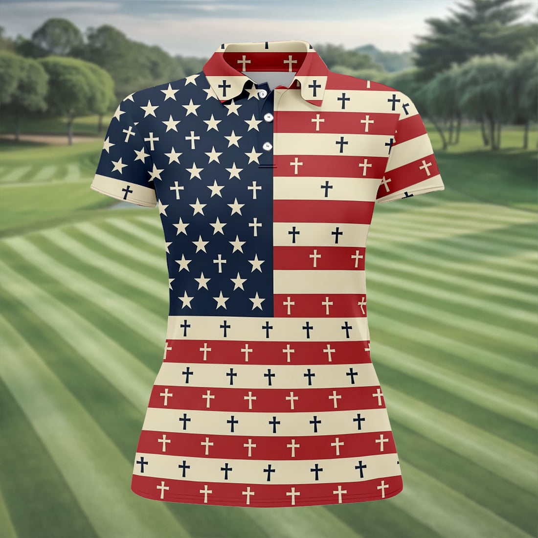 Faith Cross American Flag Golf Shirt, Patriotic Golf Polos, 250 Years 4th Of July Golf Shirt For Women