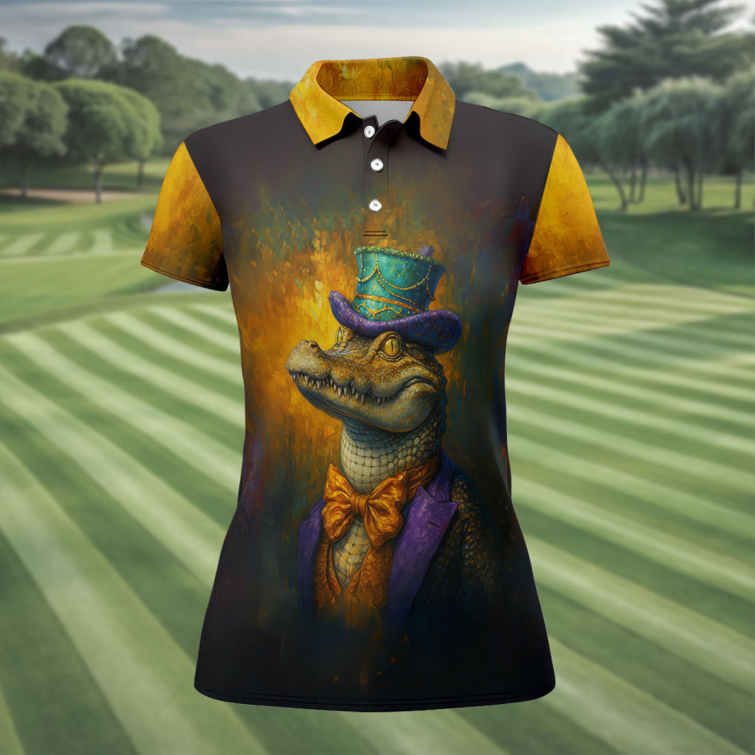 Mardi Gras Aligator Retro Golf Shirt, Women's Golf Shirts, Women's Golf Tops, Ladies Golf Shirts