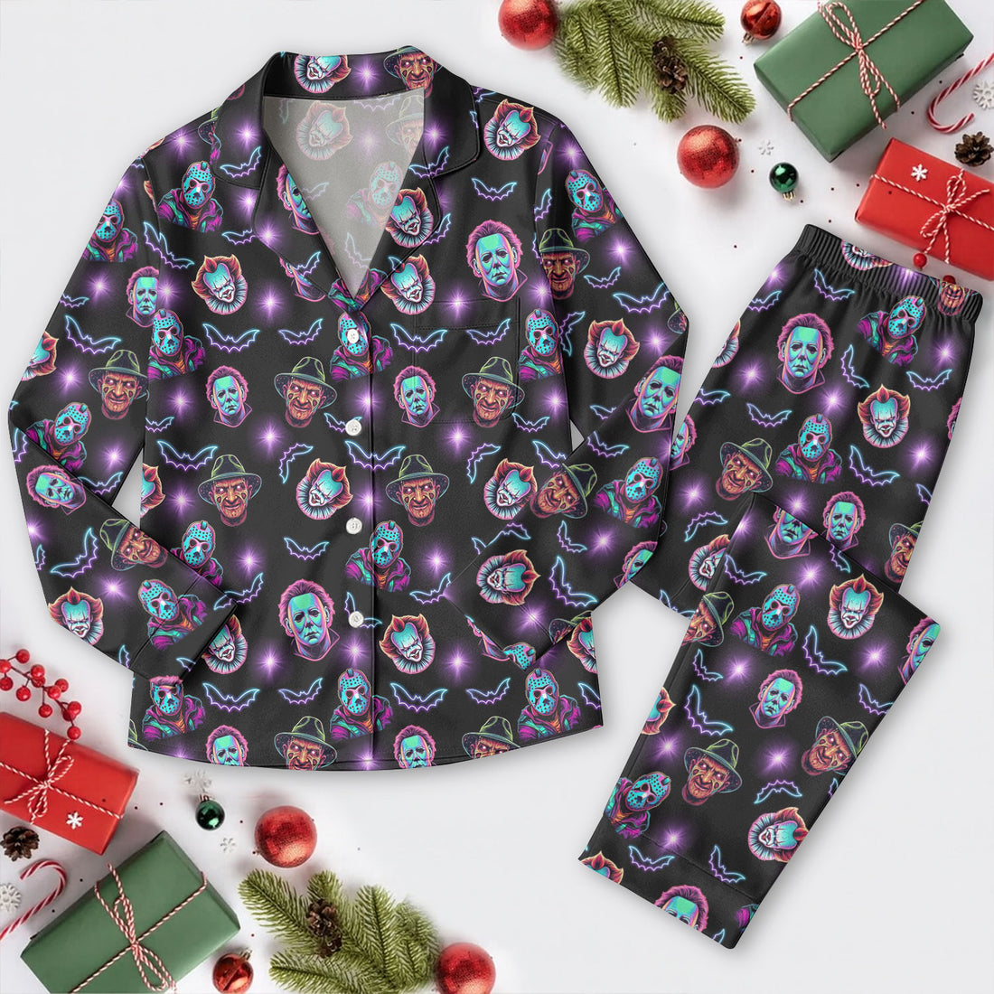 Classic Horror Characters Long Pajama Set, Horror Halloween Character Black Satin Pajamas