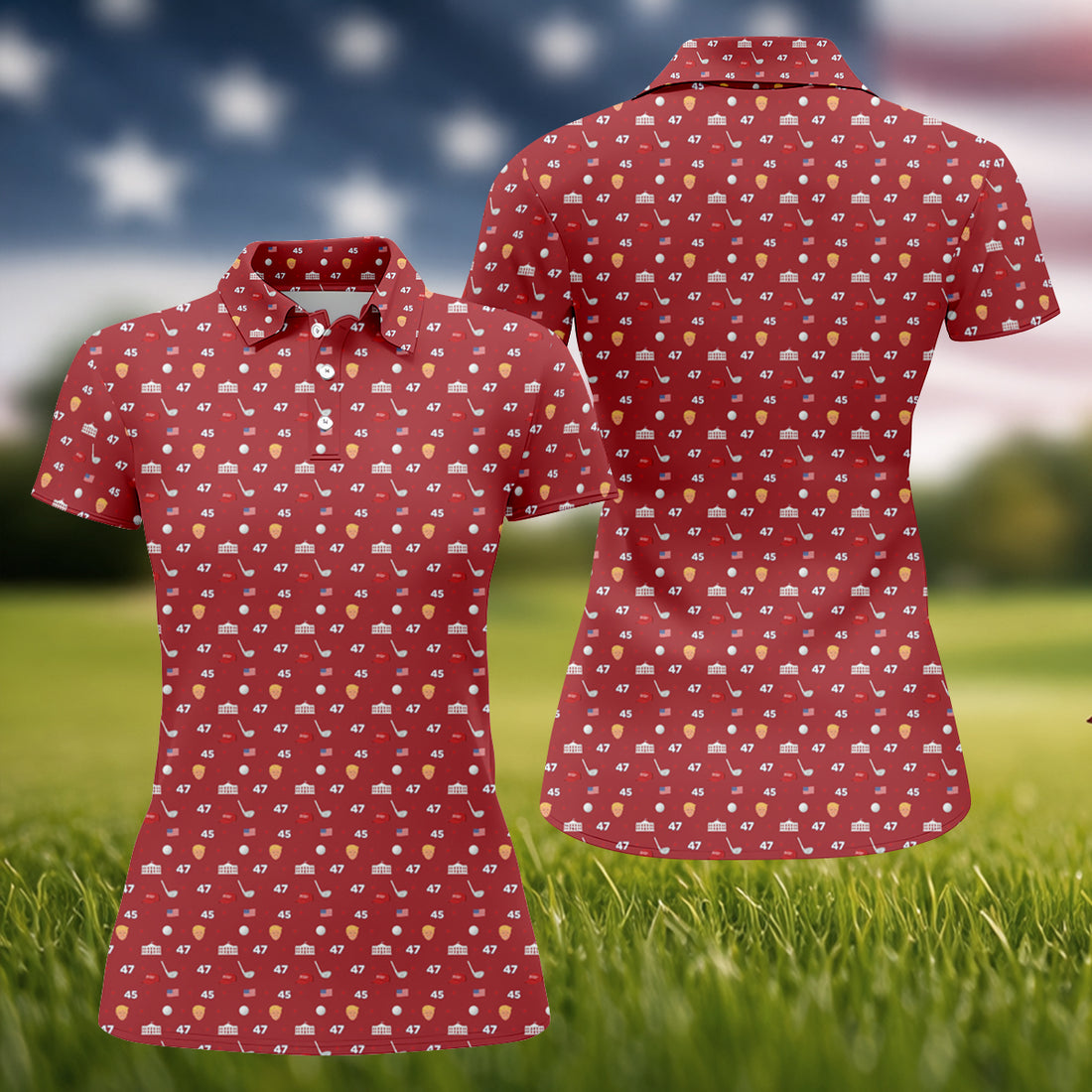 45 47 US Flag Pattern Red Golf Shirt, Funny Golf Shirt, Women's Golf Tops, Ladies Golf Shirts