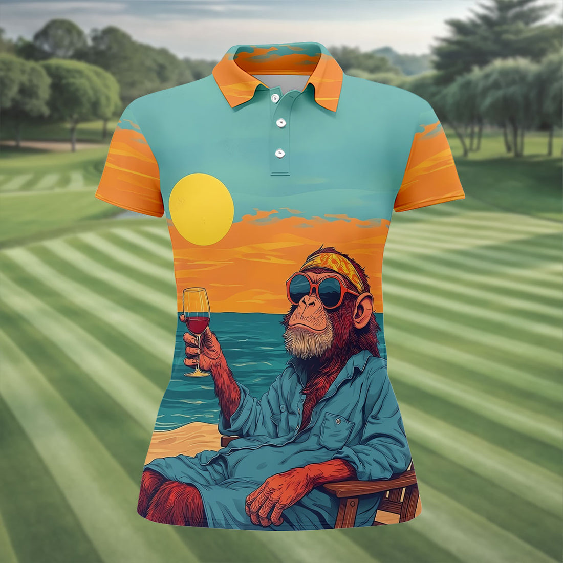Monkey Gentleman Sunset Coast Hawaiian Golf Shirt, Women's Golf Tops, Ladies Golf Shirts