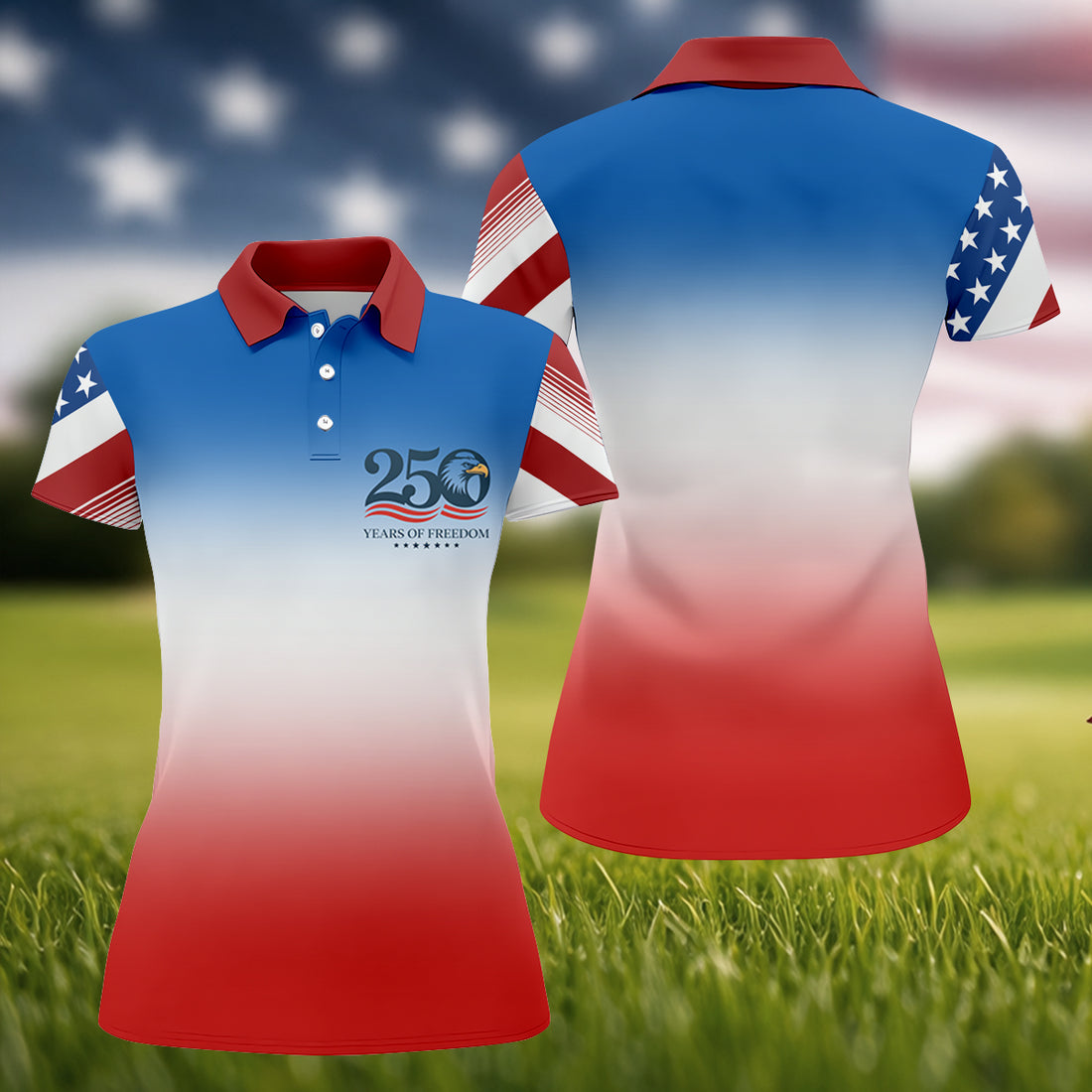 250 Years Of Freedom Eagle America Flag Women's Golf Tops, 250th Anniversary Ladies Golf Shirts