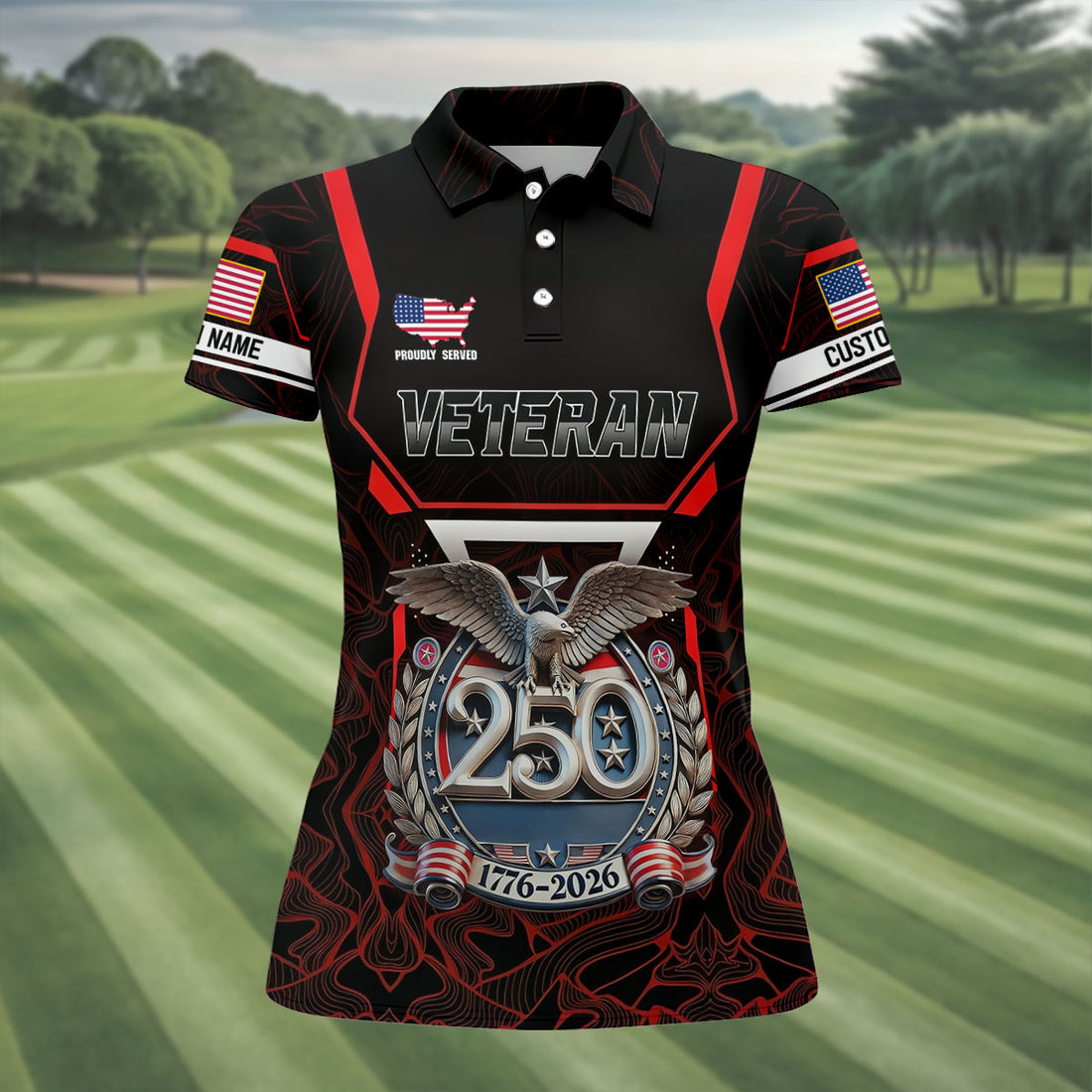 Personalized Veteran America 250 Polo Shirt Red Accent, Performance Golf Shirt, Golf Tops For Women