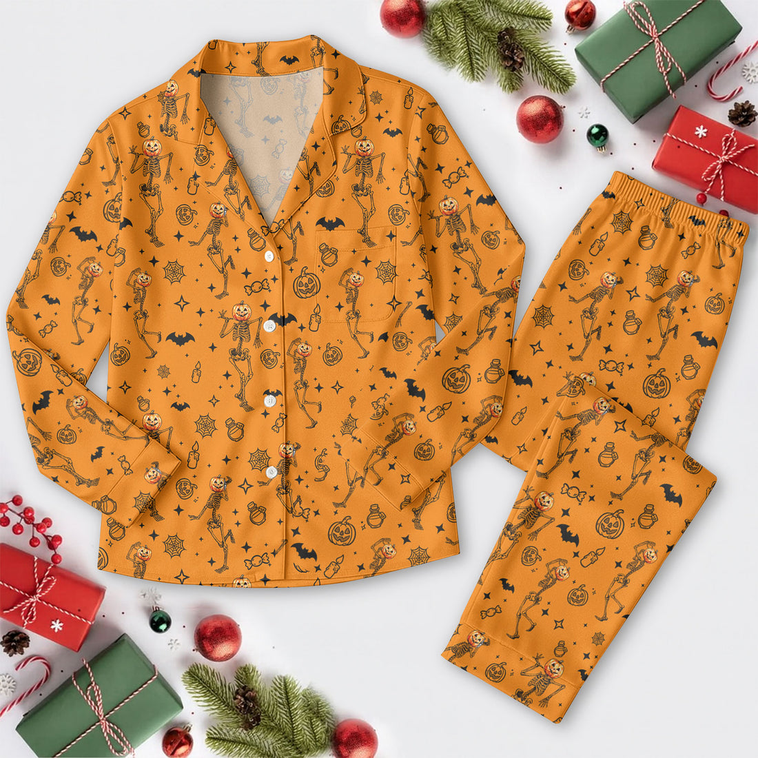 Skeleton Pumpkin Funny Orange Long Sleeve Pajama Set, Fun Pajama Sets, Halloween Gift