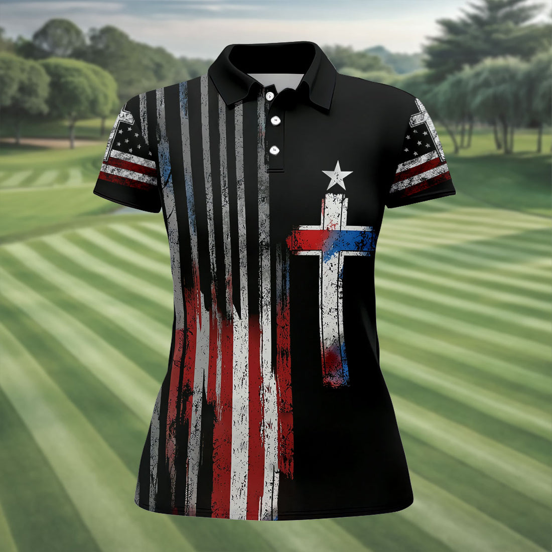 Faith Cross US Flag Golf Shirt, 250 Years Retro Golf Shirt, Patriotic 4th Of July Women's Golf Tops