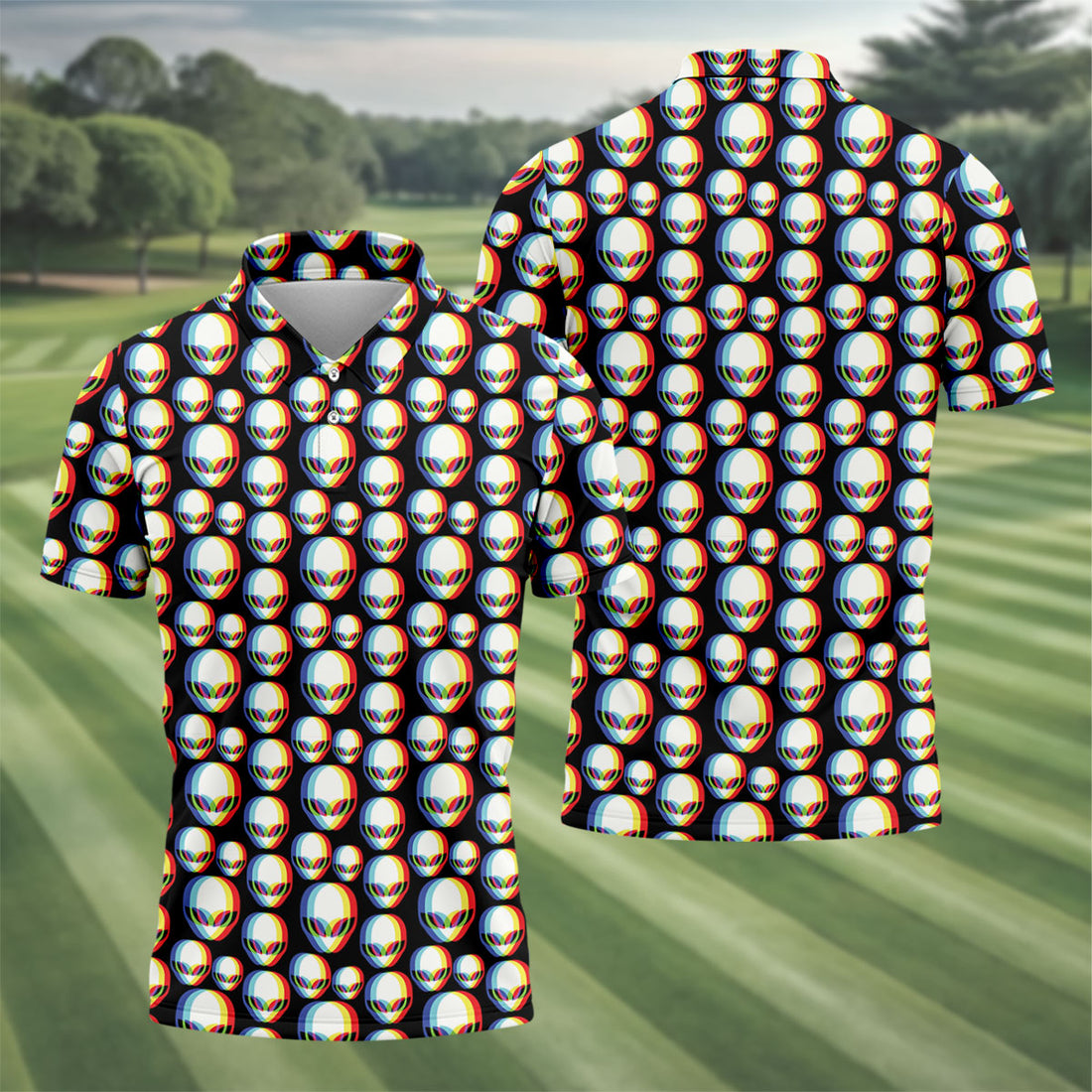 Retro Alien Head Pattern Golf Shirt, Men’s Golf Shirt, Golf Polo Shirts For Men