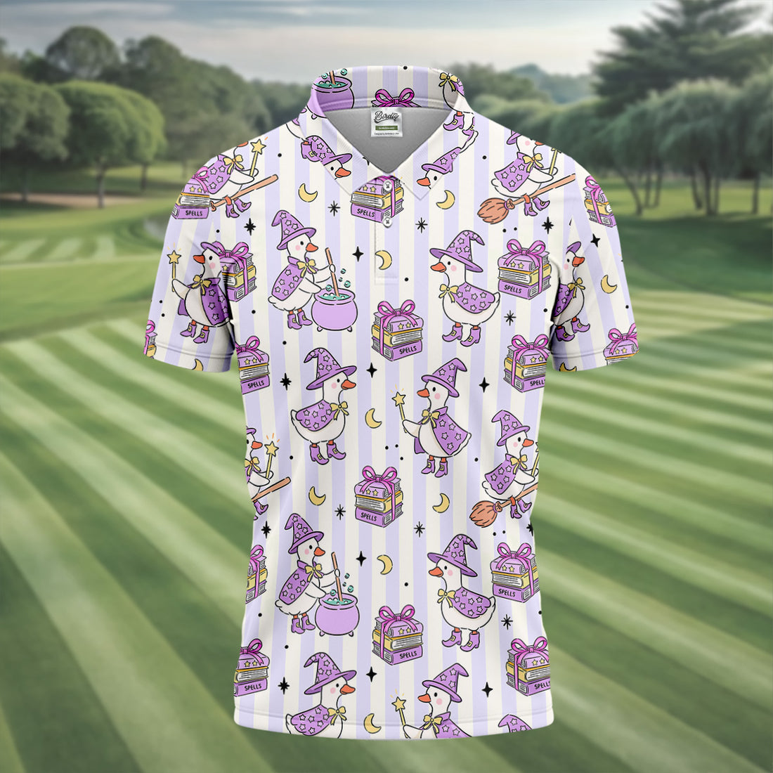 Halloween Witch Goose Purple Pastel Fun Golf Shirts For Men, Polo Shirts For Men, Golfing Apparel