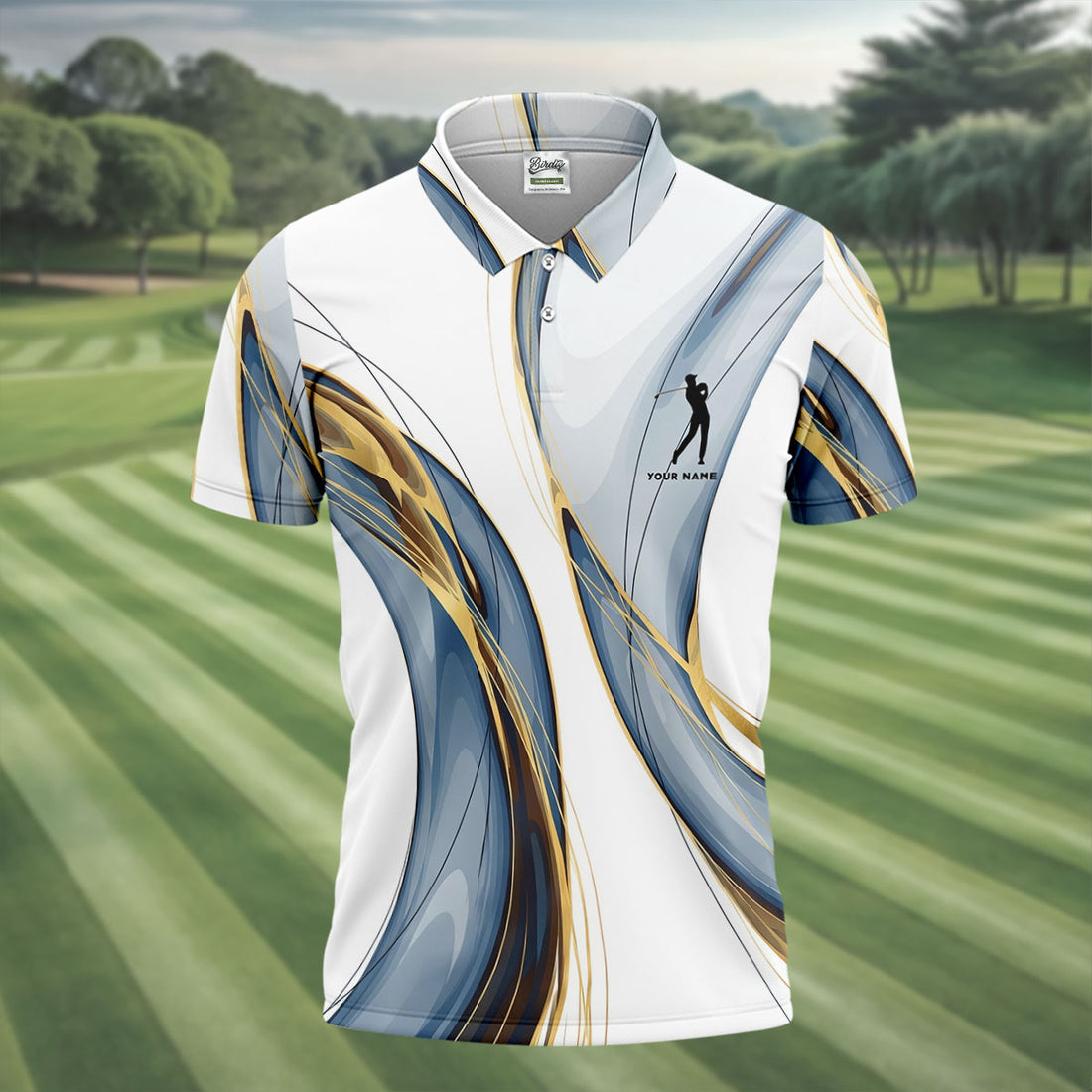 Elegant Blue Gray and Gold Swirl Pattern Hawaiian Golf Polo, Golf Tops For Men, Golfing Apparel