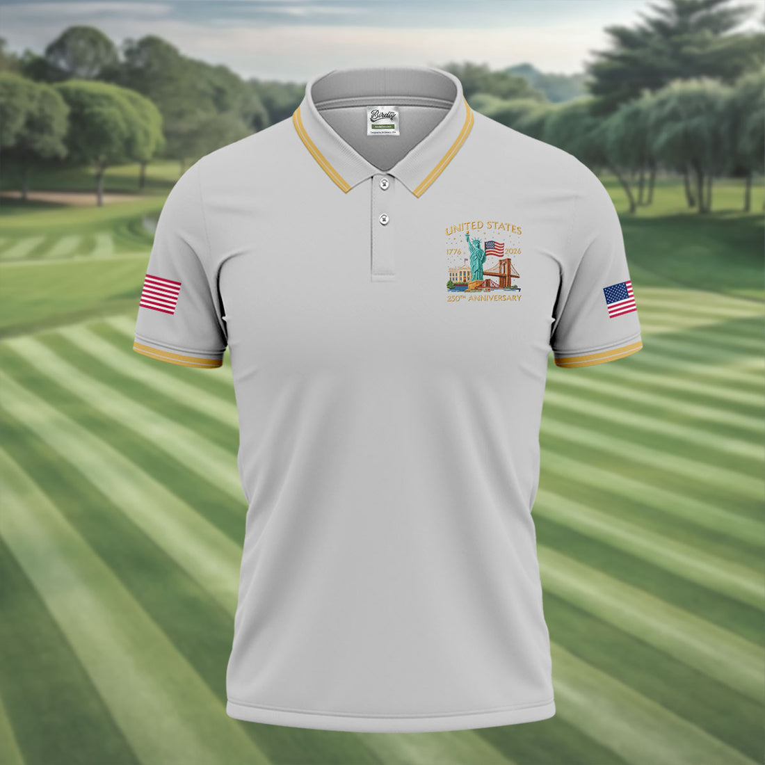 American Symbols Grey Patriotic Golf Shirt, US 250 Years 4th Of July Golf Shirts For Men