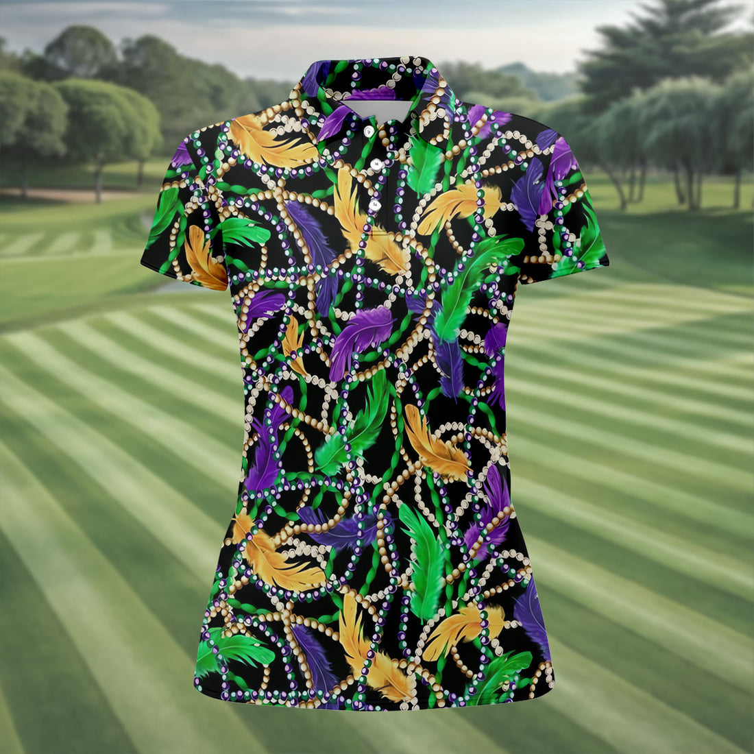 Purple Green Gold Feather Beads Mardi Gras Golf Shirt, Women's Golf Tops, Ladies Golf Polos