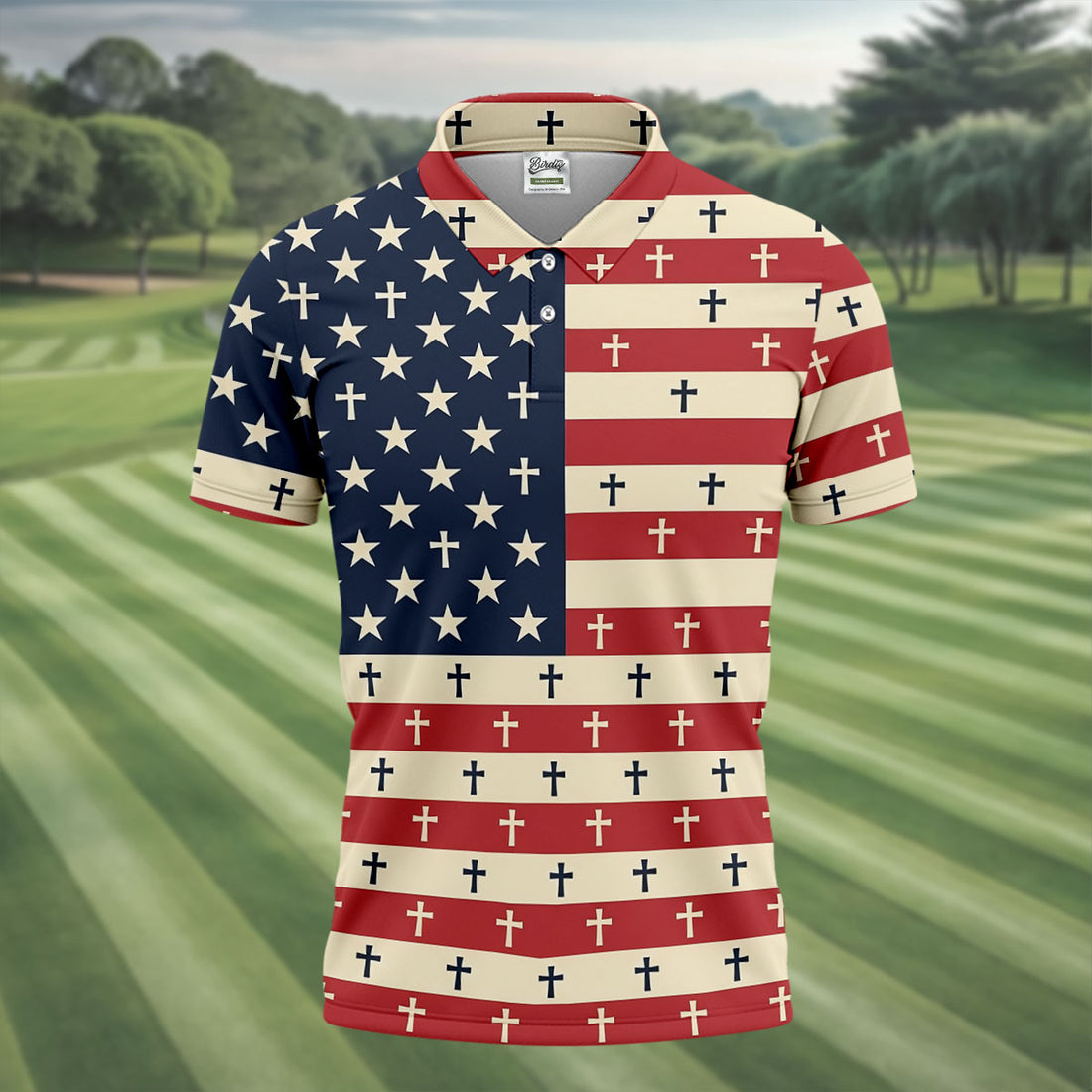 Faith Cross American Flag Golf Shirt, Patriotic Golf Polos, 250 Years 4th Of July Golf Shirts For Men